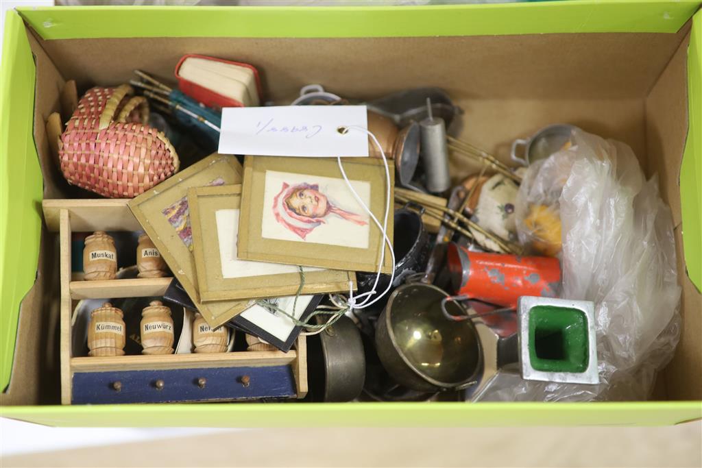 An assortment of dolls house furnishings and effects, ornaments, paintings and two etchings including three framed